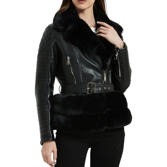 Jackets & Blazers - Women Faux Leather Jacket Moto Biker Coat with Removable Fur Collar Black Belt